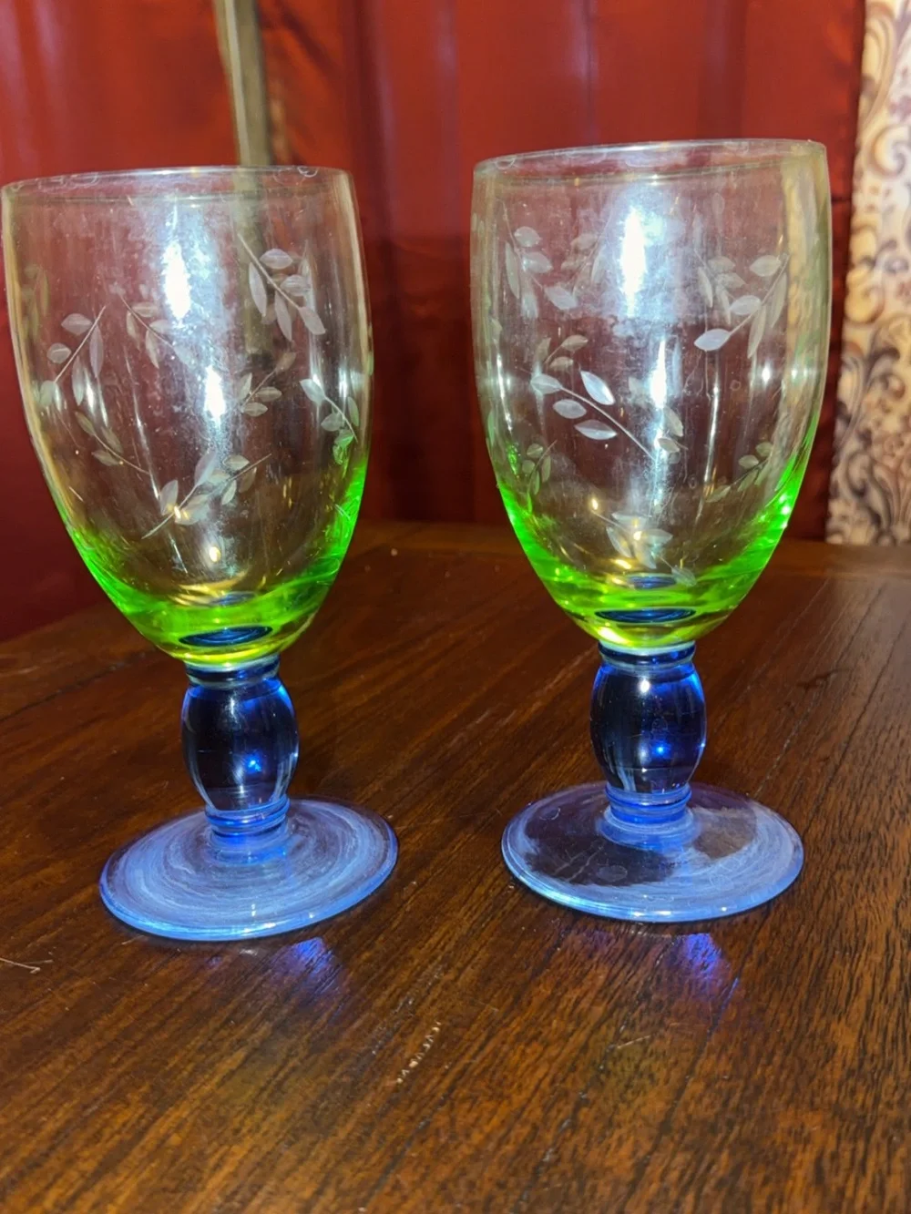 Vintage Etched Green and Blue Glass Goblets - Set of 2